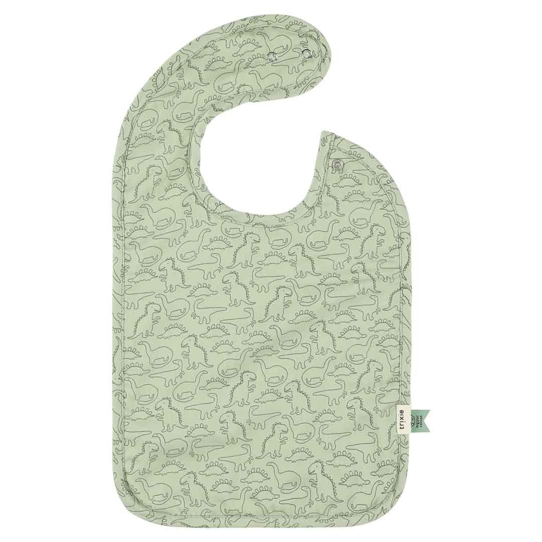 3. Trixie Baby bib with playful dinosaur pattern in light green, featuring adjustable snaps, displayed on a white background
