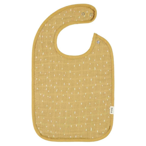 3. Mustard muslin baby bib with subtle pattern and adjustable snaps, crafted from organic cotton