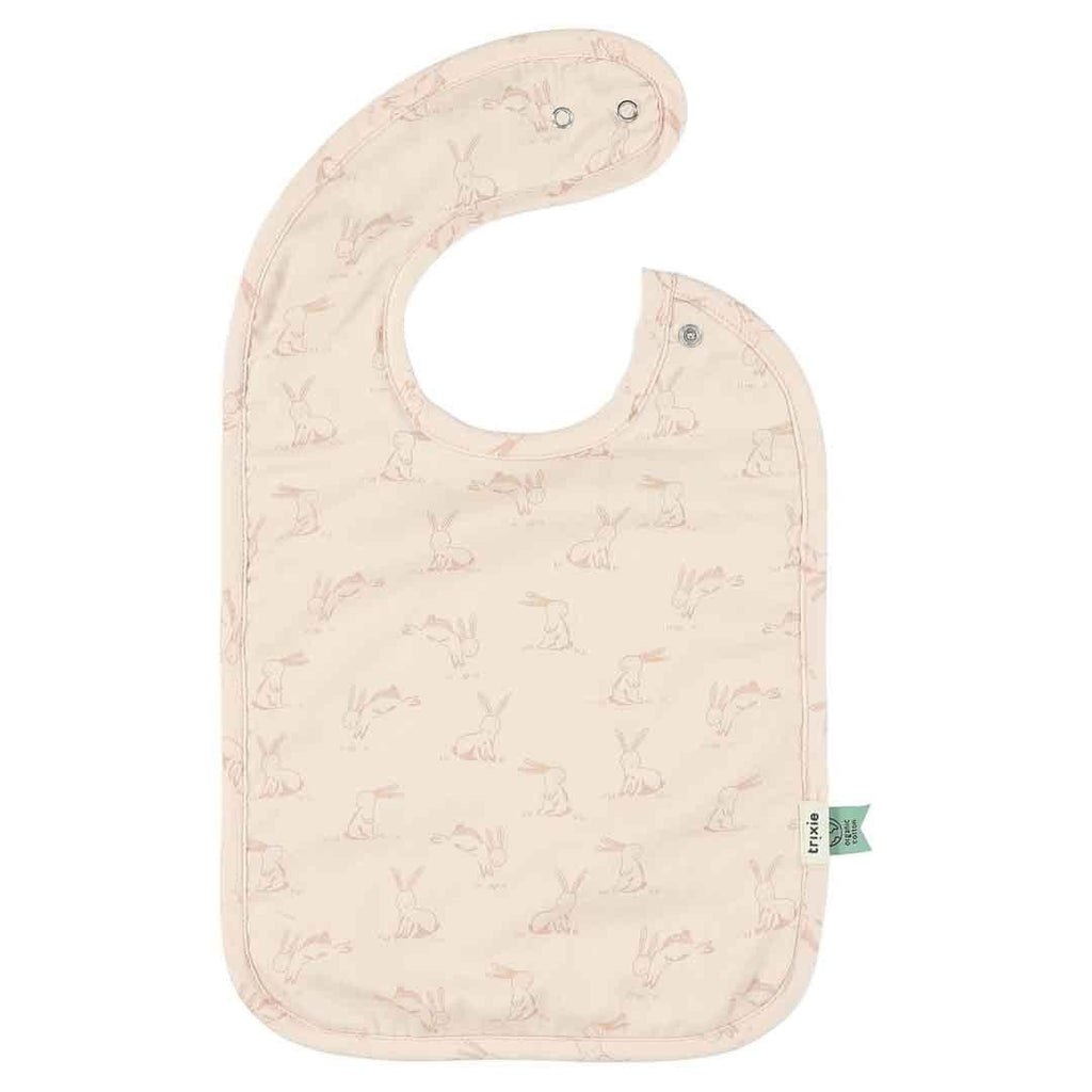 4. Single Trixie Baby bib with Rosy Rabbit print on cream background, featuring adjustable snaps, made from organic cotton