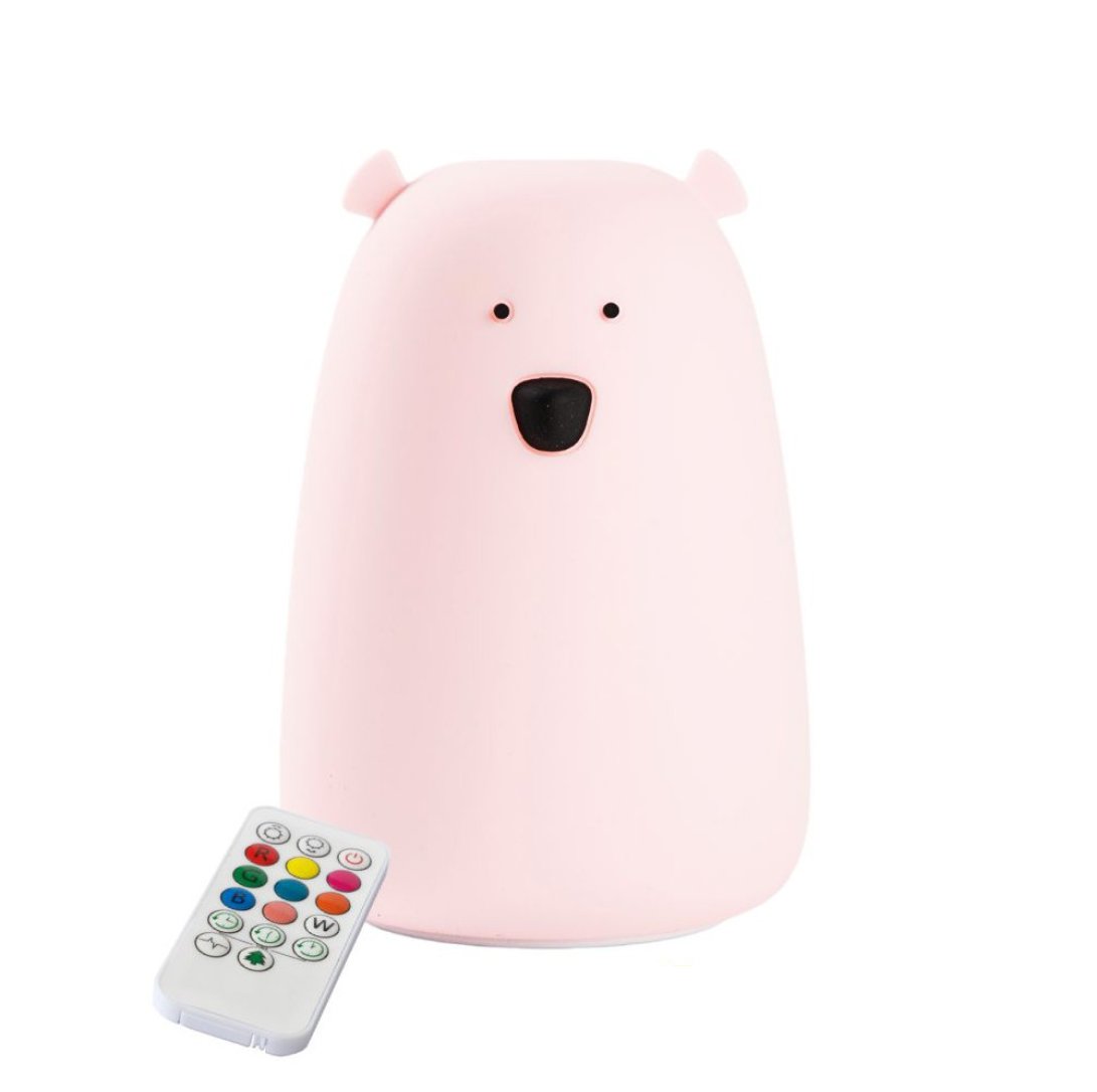 7. Pink teddy bear-shaped silicone lamp with remote control on white background