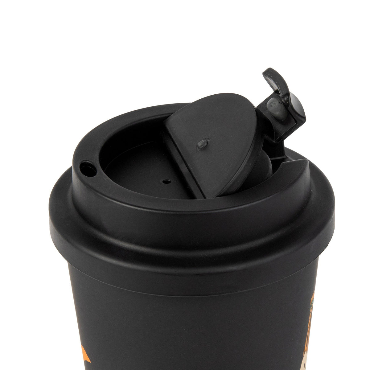 5. Close-up of black biodegradable take-away mug lid, showing secure screw-on design
