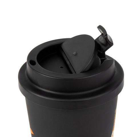 5. Close-up of black biodegradable take-away mug lid, showing secure screw-on design