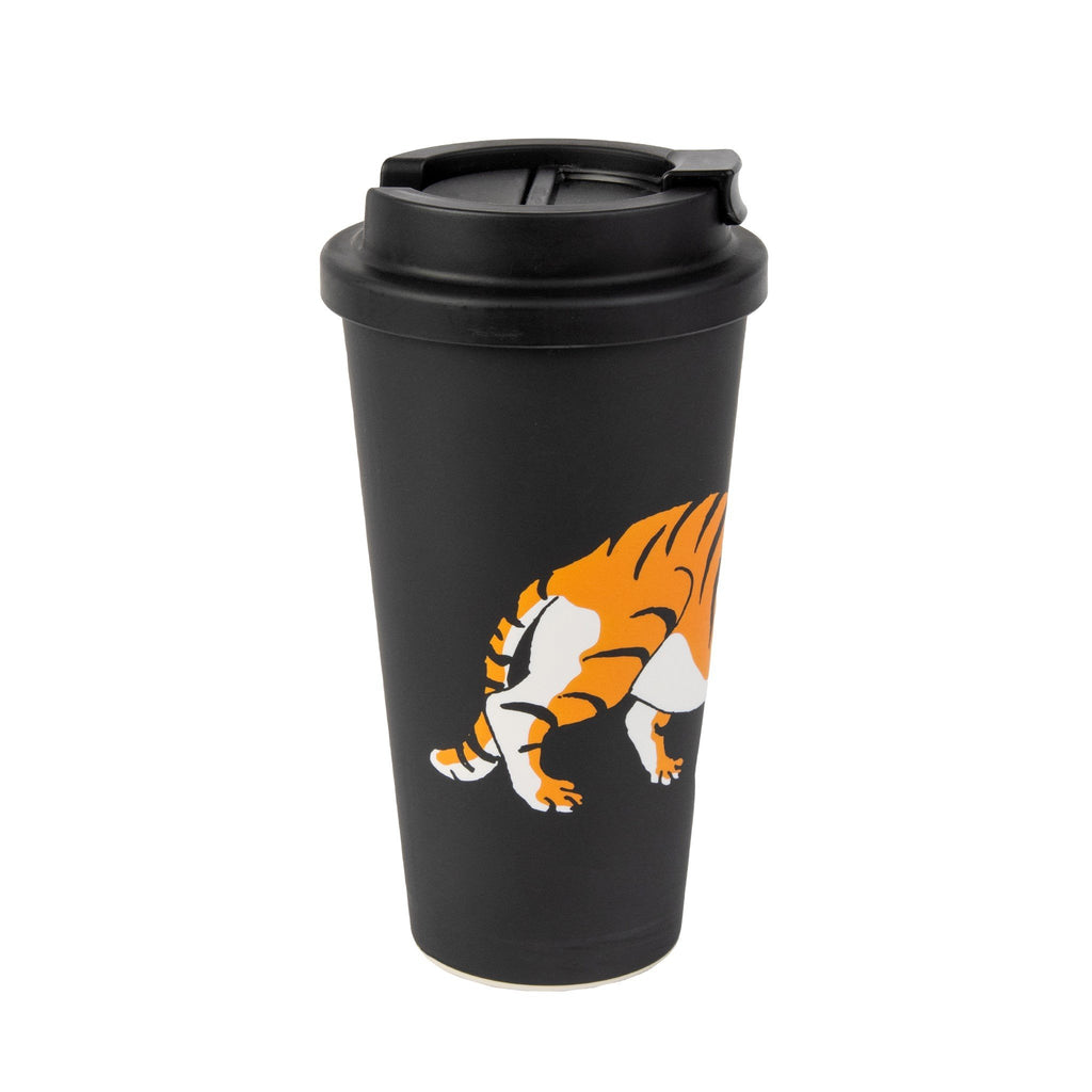 2. Black biodegradable take-away mug showing tiger design, with secure screw-on lid