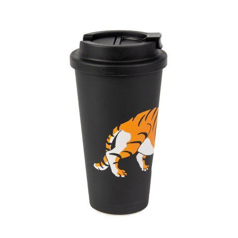 2. Black biodegradable take-away mug showing tiger design, with secure screw-on lid