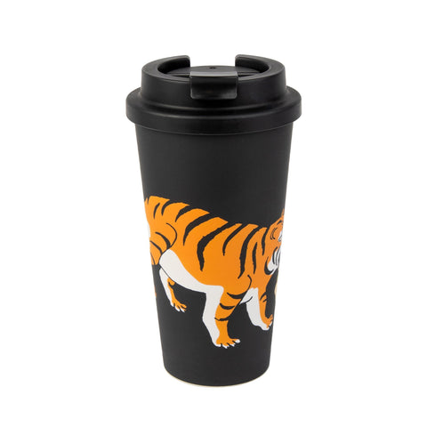 3. Black biodegradable take-away mug with tiger illustration, featuring secure screw-on lid
