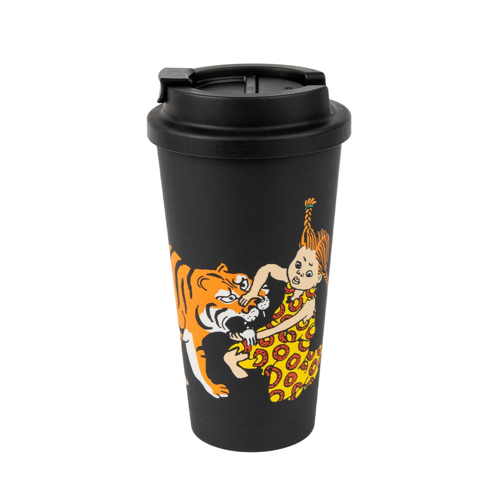 1. Black biodegradable take-away mug featuring Pippi Longstocking and tiger design, with secure screw-on lid