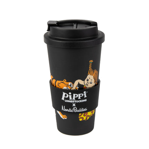 4. Black biodegradable take-away mug with Pippi Longstocking x NordicBuddies branding and silicone sleeve