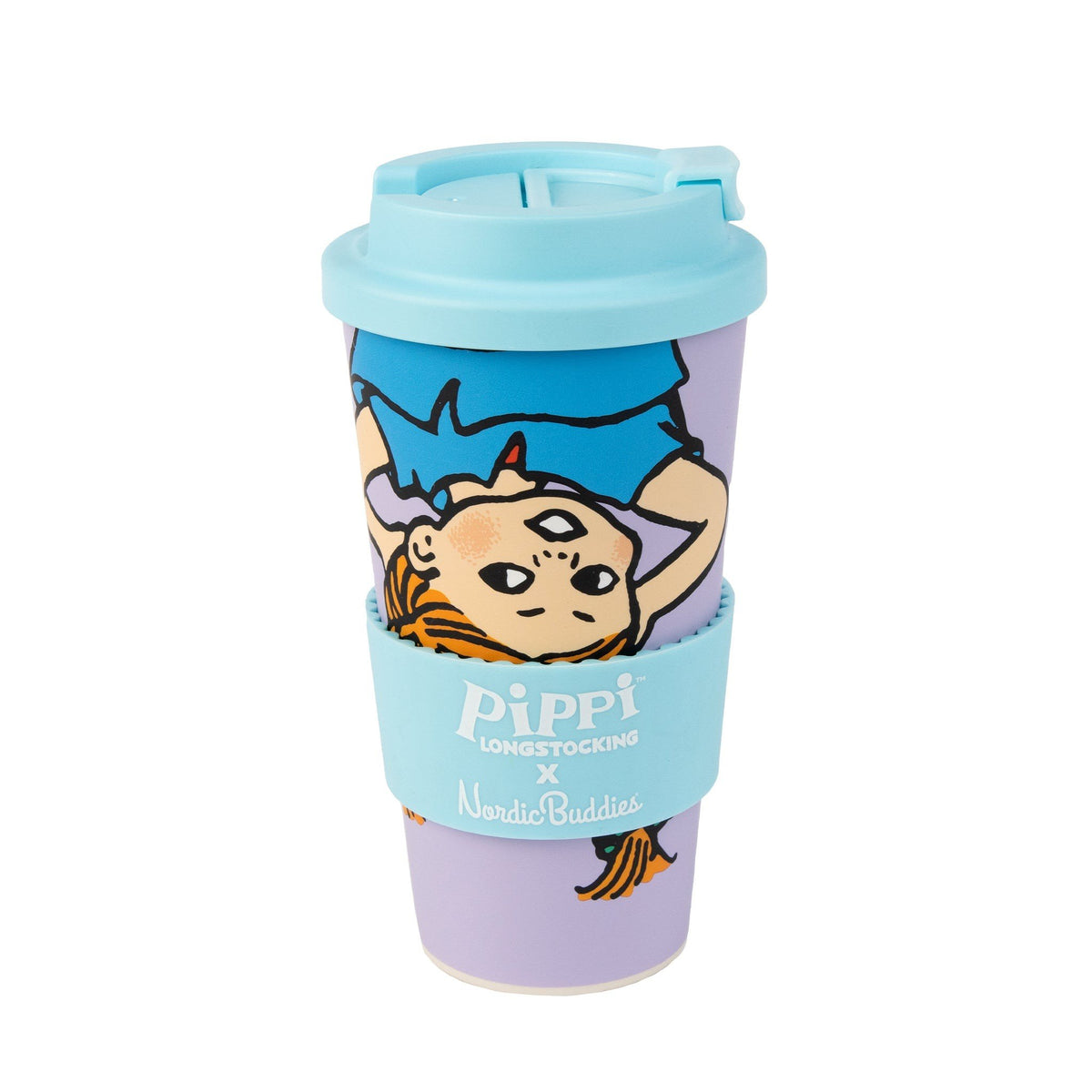 2. Biodegradable Take-Away Mug Pippi with blue silicone sleeve, showcasing Pippi Longstocking and NordicBuddies branding