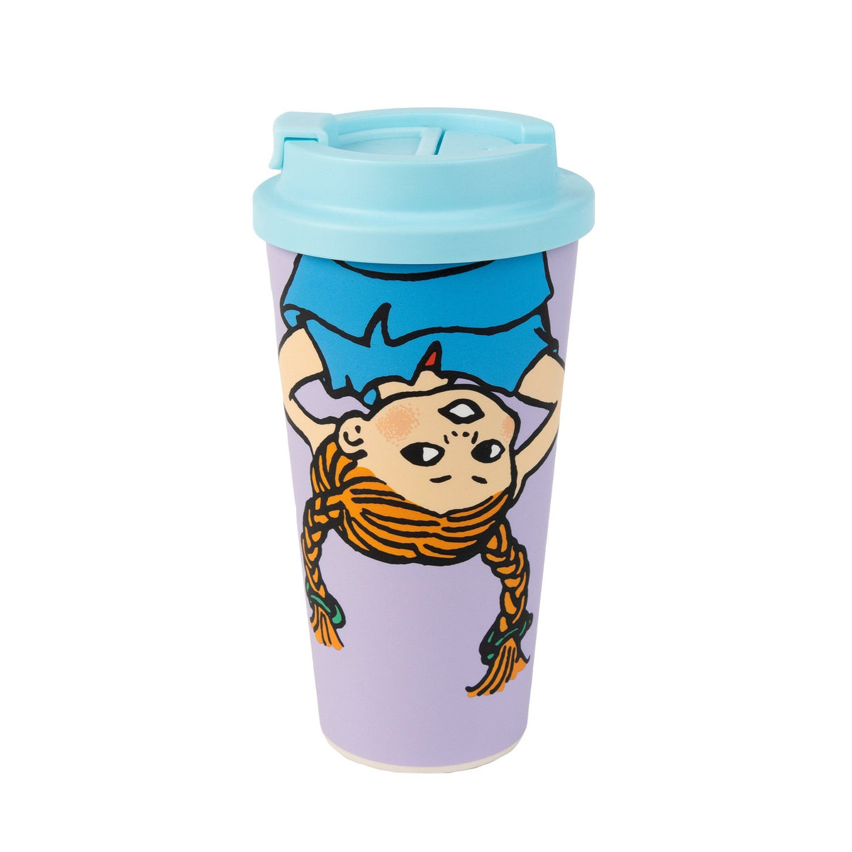 1. Biodegradable Take-Away Mug Pippi in blue with Pippi Longstocking design, featuring a secure screw-on lid