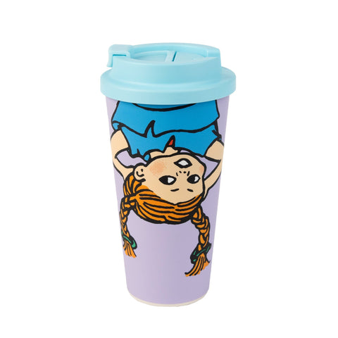 1. Biodegradable Take-Away Mug Pippi in blue with Pippi Longstocking design, featuring a secure screw-on lid