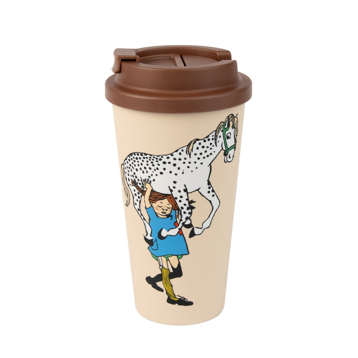 1. Beige Pippi Longstocking biodegradable take-away mug with brown lid, featuring Pippi lifting a horse, by Moomin NordicBuddies
