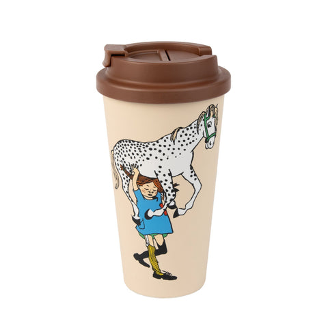 1. Beige Pippi Longstocking biodegradable take-away mug with brown lid, featuring Pippi lifting a horse, by Moomin NordicBuddies