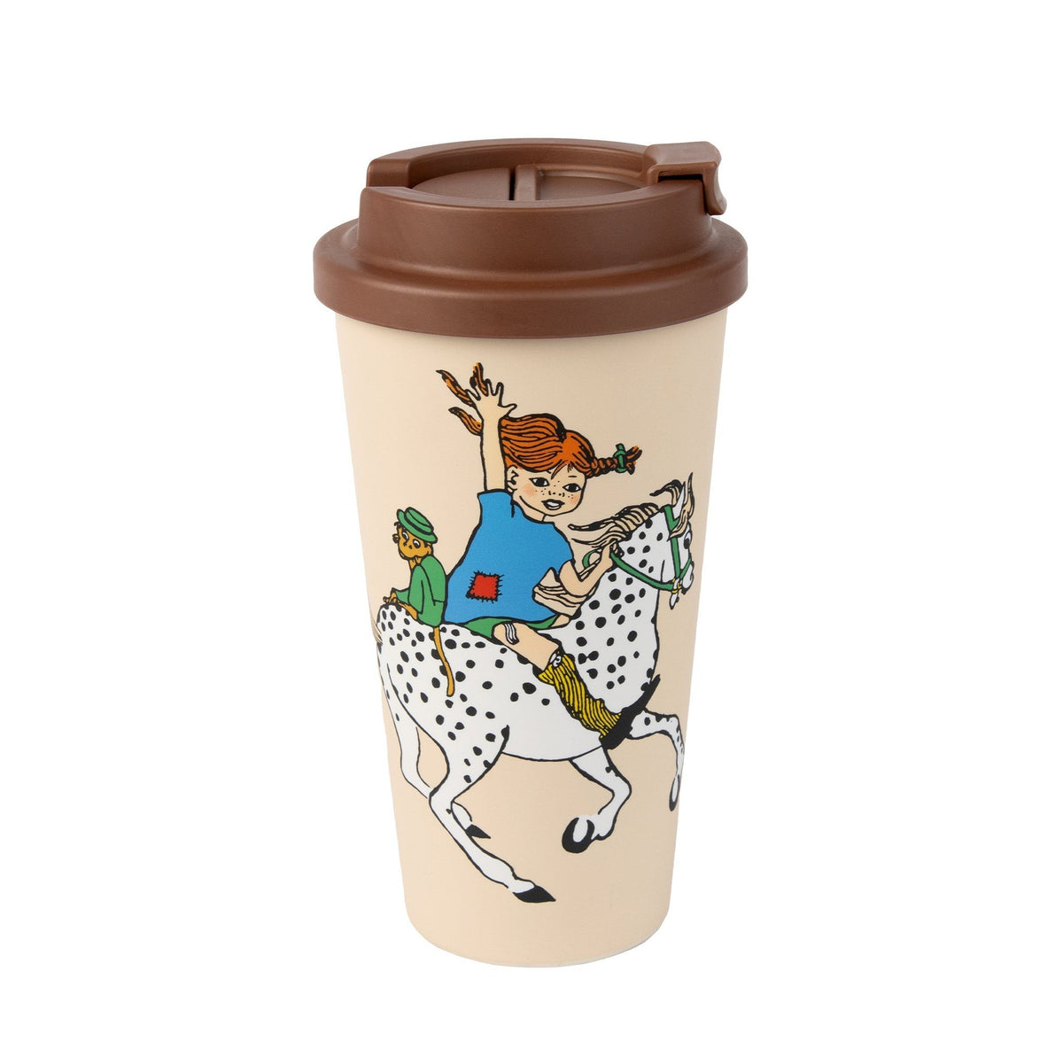 3. Beige Pippi Longstocking biodegradable mug with brown lid, featuring Pippi riding a horse, by Moomin NordicBuddies
