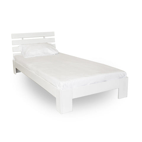 5. Single Birch Bed Tango Plus in white with white bedding on a white background