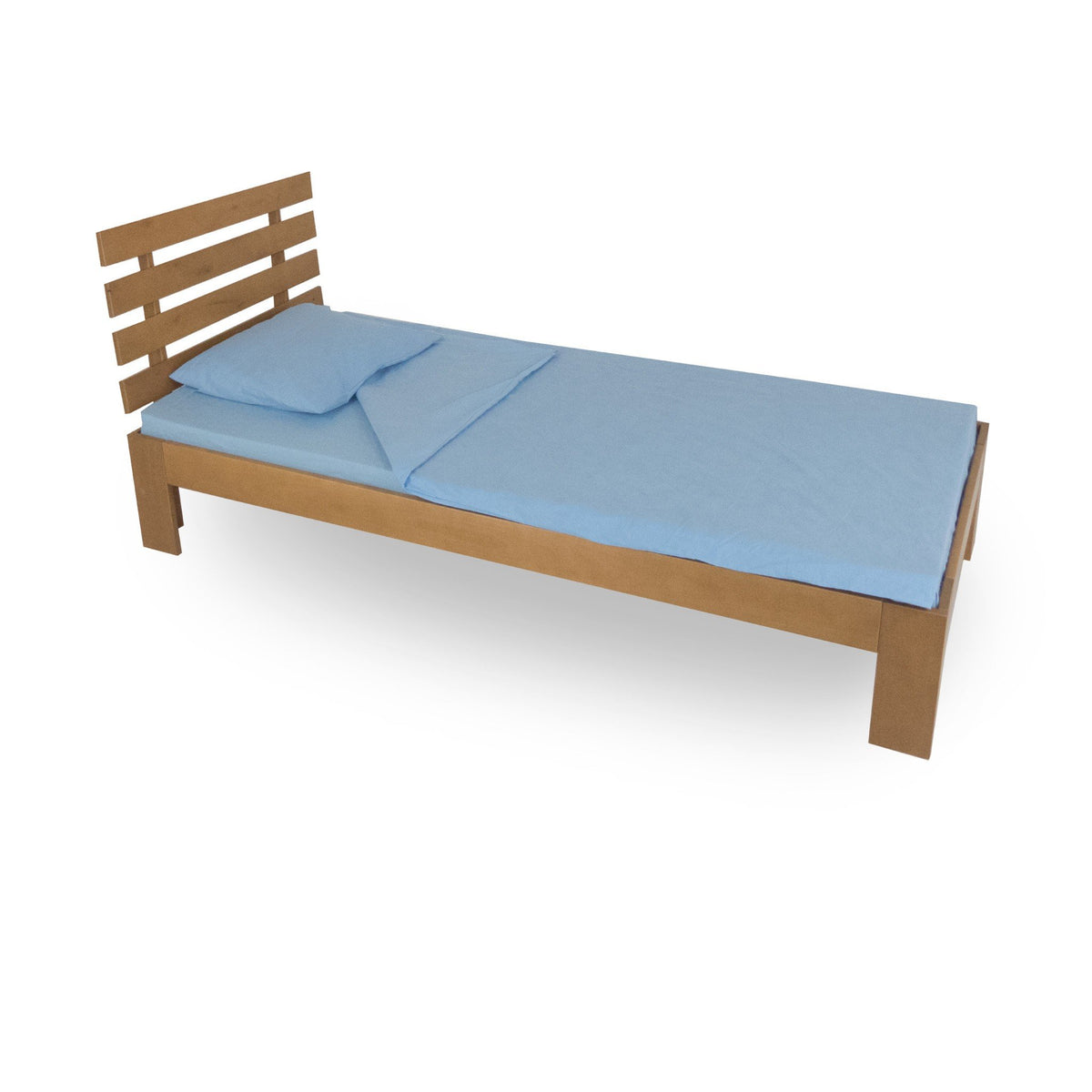 2. Single Birch Bed Tango Plus in natural wood finish with blue bedding on a white background