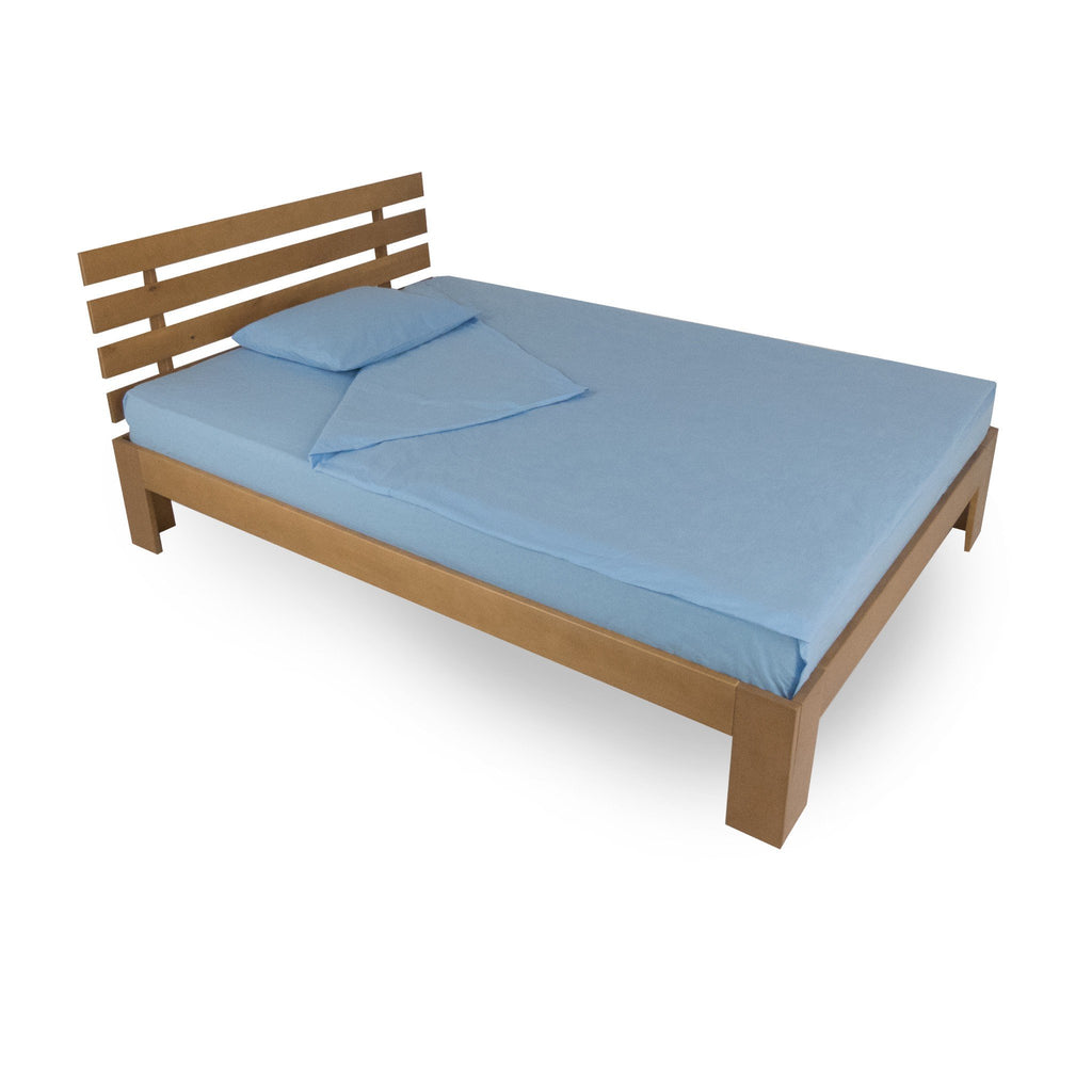 6. Double Birch Bed Tango Plus in natural wood finish with blue bedding on a white background