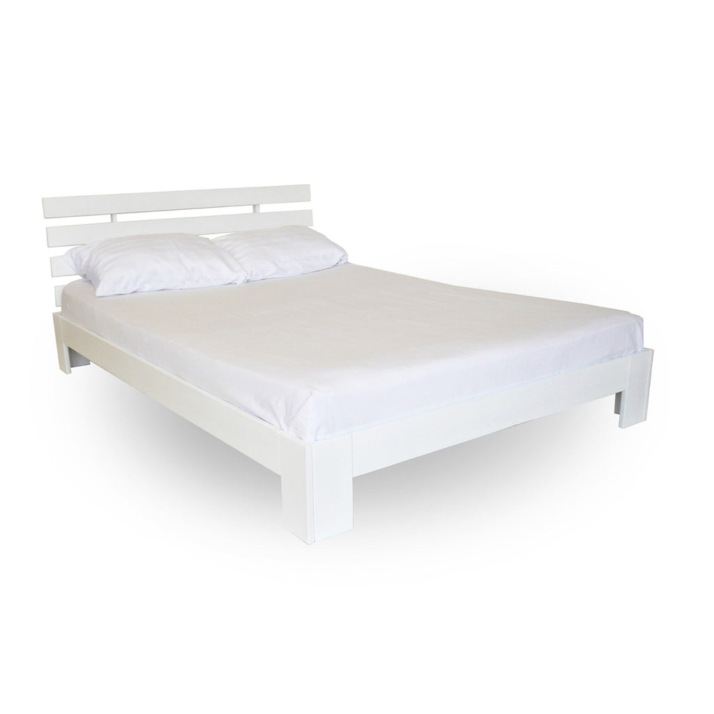 1. White Birch Bed Tango Plus with slatted headboard and white bedding on a clean white background