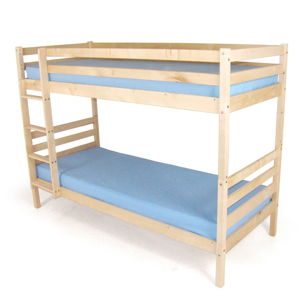 1. Solid birch bunk bed with blue mattresses, featuring a ladder and guardrails, shown in a studio setting