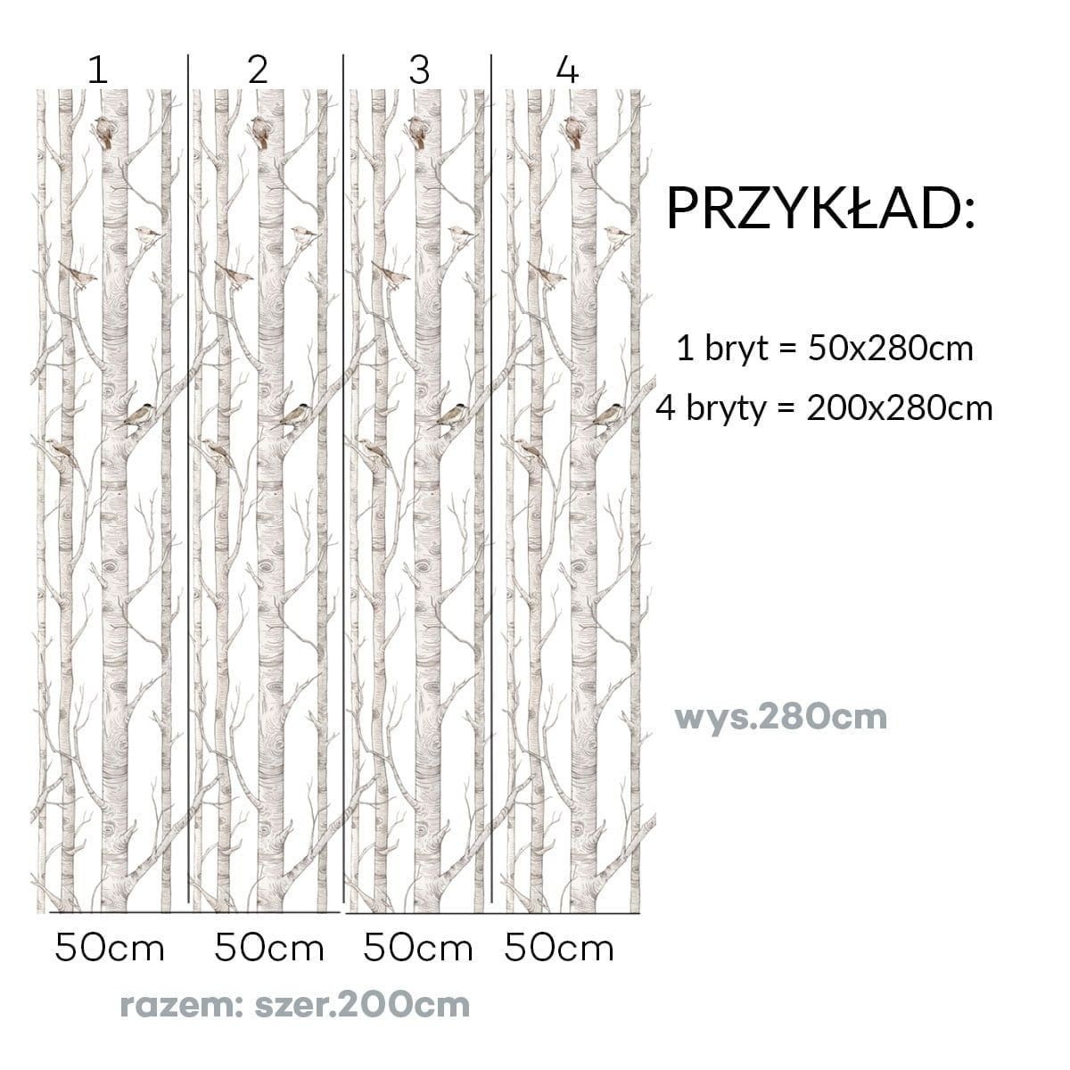 3. Size chart for birch forest wallpaper showing four stripes, each 50 cm wide and 280 cm high, with birch tree pattern and birds