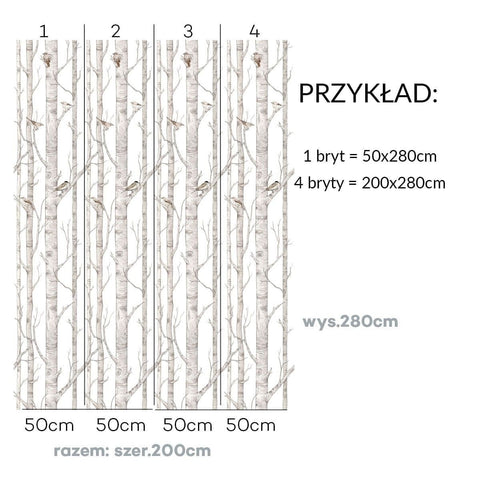3. Size chart for birch forest wallpaper showing four stripes, each 50 cm wide and 280 cm high, with birch tree pattern and birds