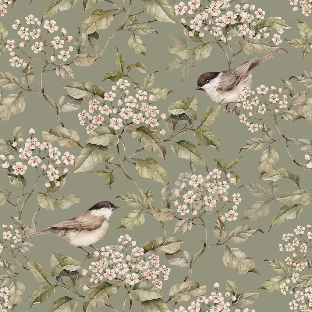 3. Close-up of Dekornik's green spring wallpaper featuring birds and blossom branches on matte paper