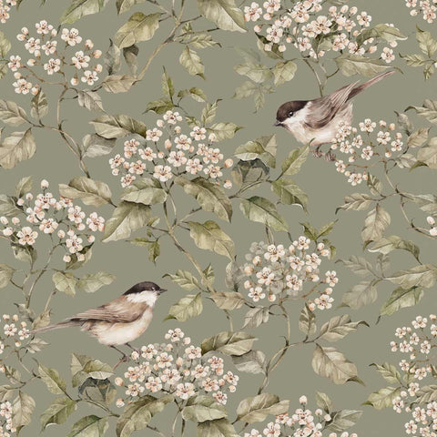 3. Close-up of Dekornik's green spring wallpaper featuring birds and blossom branches on matte paper