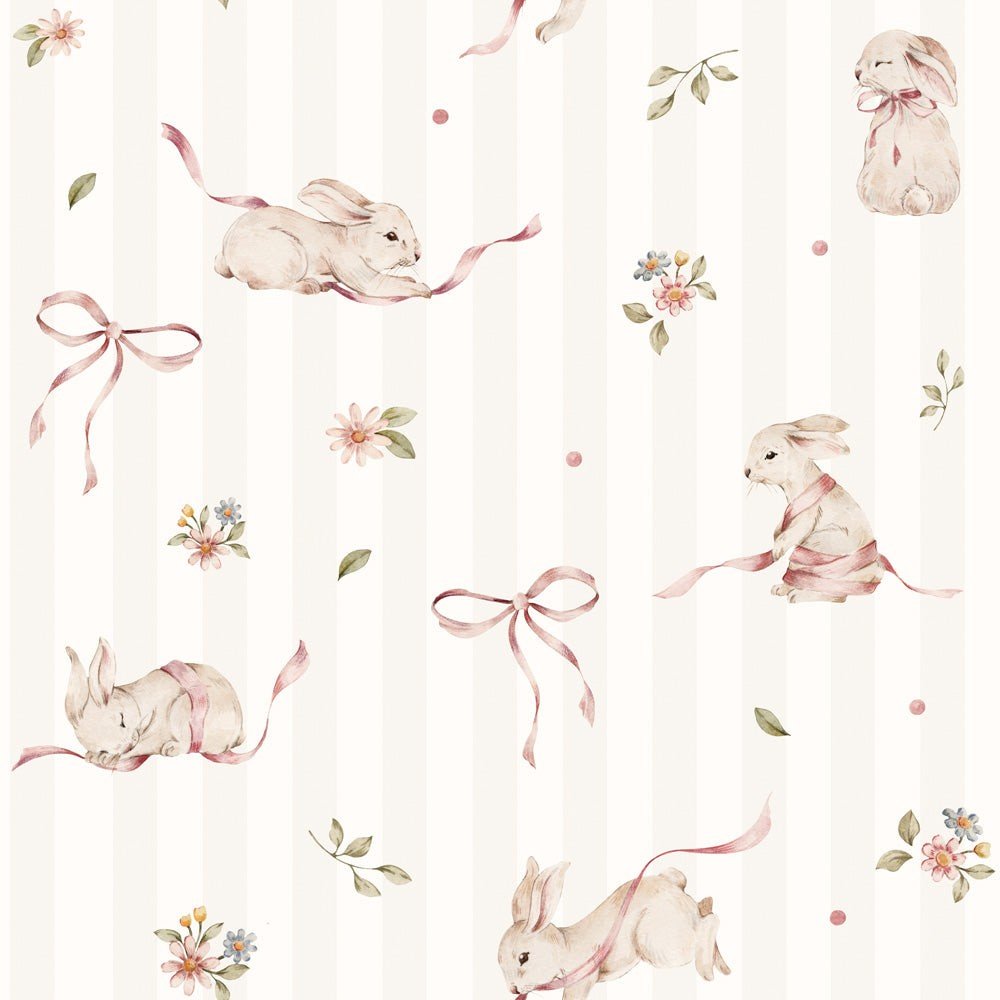 2. Pink rabbits on stripes wallpaper with floral and ribbon accents on matte paper