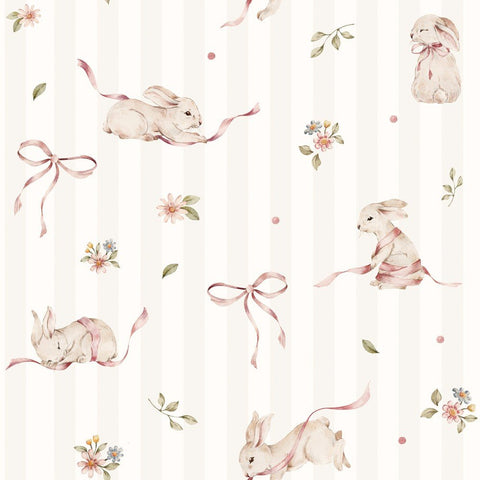 2. Pink rabbits on stripes wallpaper with floral and ribbon accents on matte paper