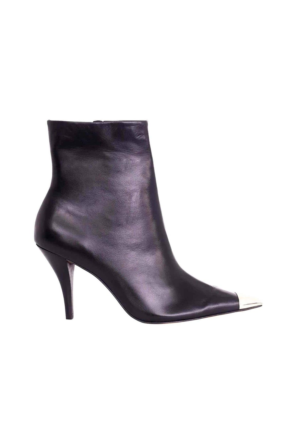 1. Black calf leather ankle boot with 8.7 cm heel and pointed toe, side view on white background
