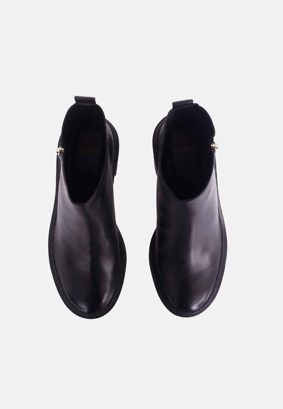 4. Top view of women's black goat leather ankle boots with round toe and pull tabs