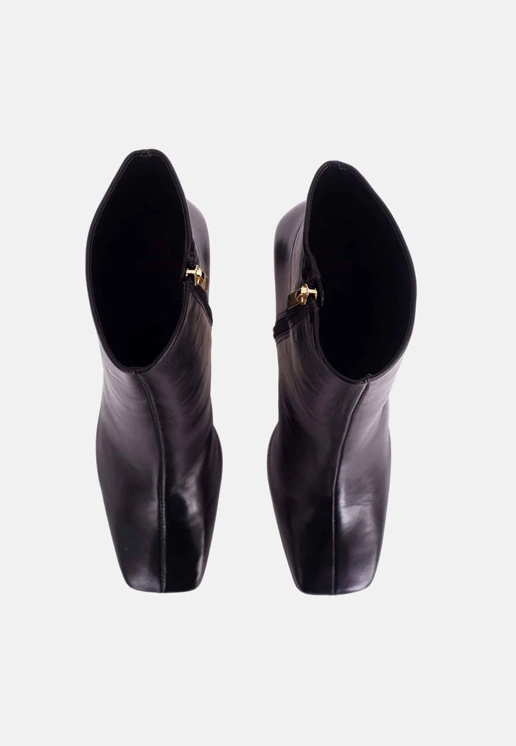 3. Top view of black goat leather Senna boots showing square toe and gold zipper detail