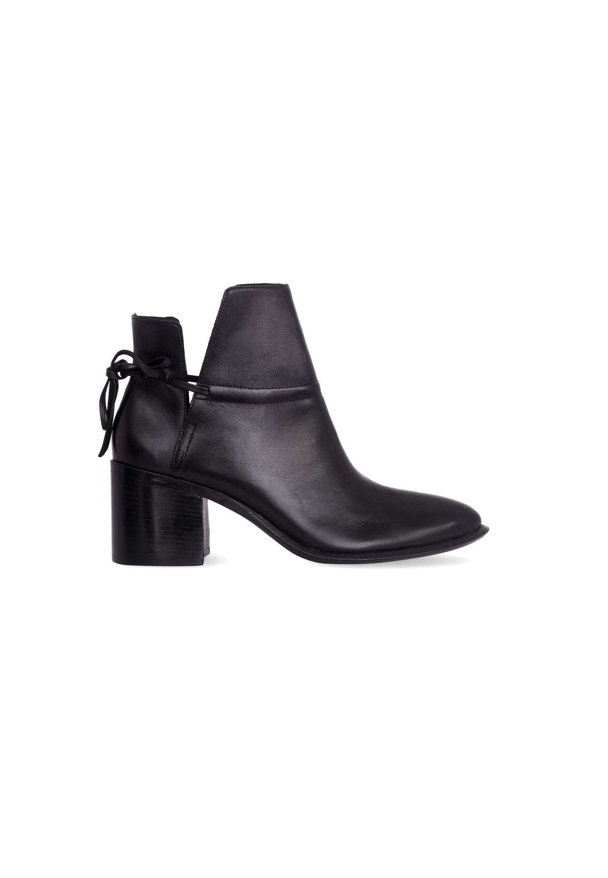 2. Women's black leather ankle boots with block heel shown in side view on white background