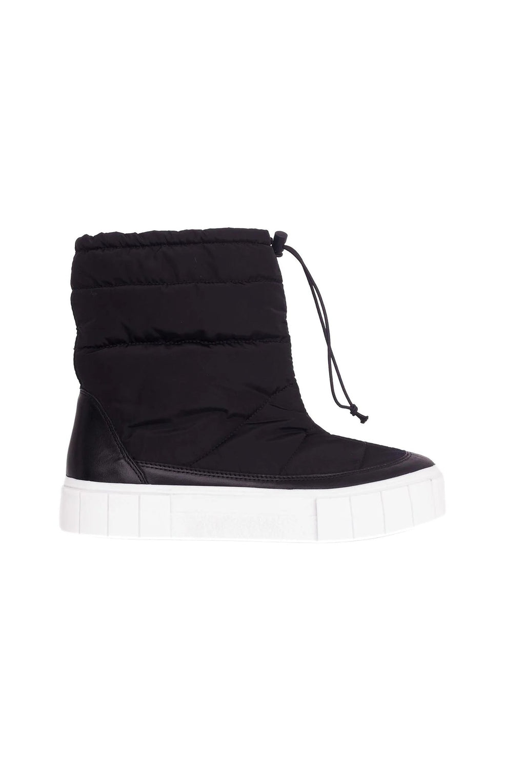2. Women's black nylon winter boots with white sole shown in side view on white background