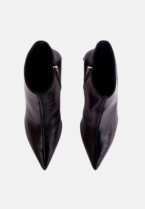 3. Top view of women's black leather ankle boots with pointed toes and gold zipper detail
