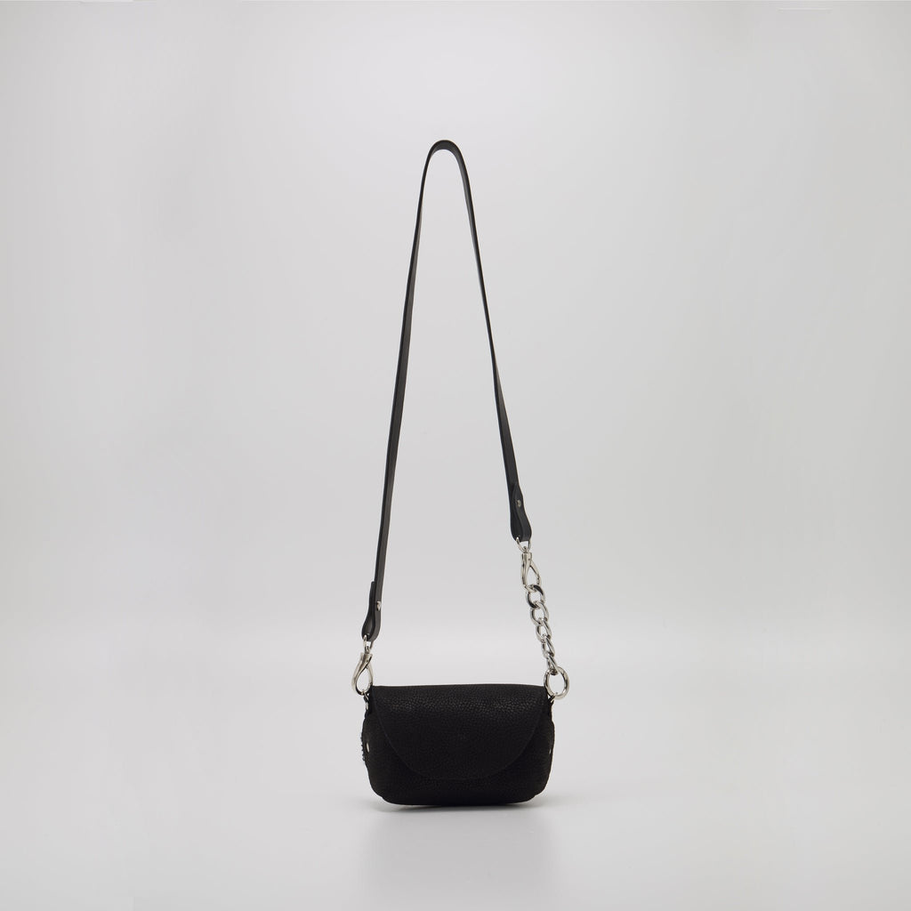 10. Studio shot of Daz Studio black leather shoulder bag with long strap, highlighting minimalist design