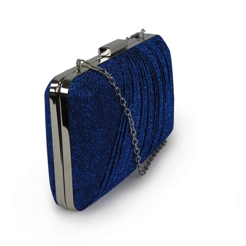 2. Side view of Nabo Evening Bag NK 2238 in blue with chic metal frame and silver chain