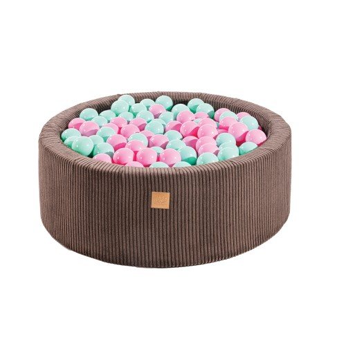 1. Aesthetic brown round ball pit filled with 200 blue and pink balls, made from soft hypoallergenic foam, designed for children's sensory play and motor skill development.