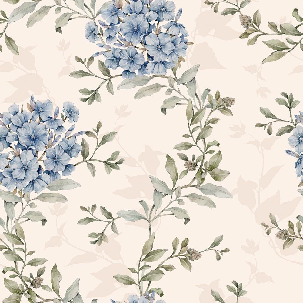 2. Blue floral wallpaper with dense pattern of delicate flowers and green leaves on matte paper