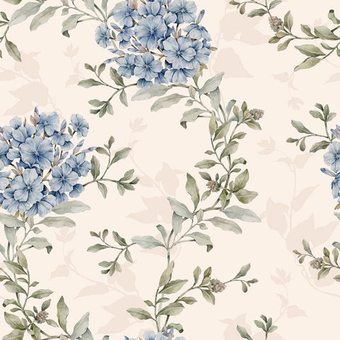 2. Blue floral wallpaper with dense pattern of delicate flowers and green leaves on matte paper