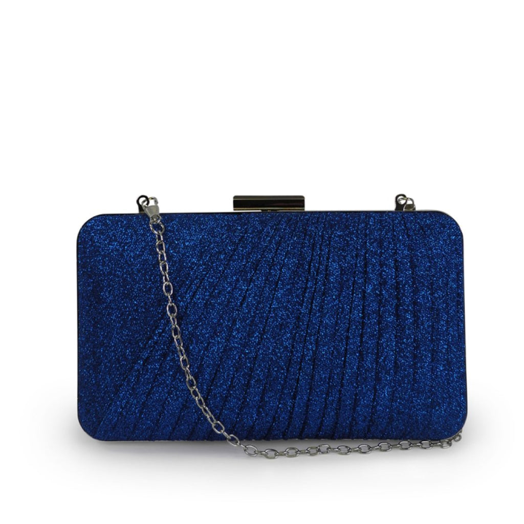 1. Nabo Evening Bag NK 2238 in blue glittery synthetic fabric with silver chain strap, front view