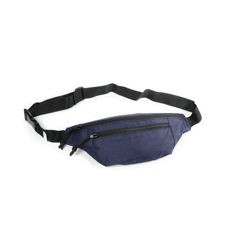2. Studio image of blue Drinbags waist bag with adjustable black strap and dual zippers