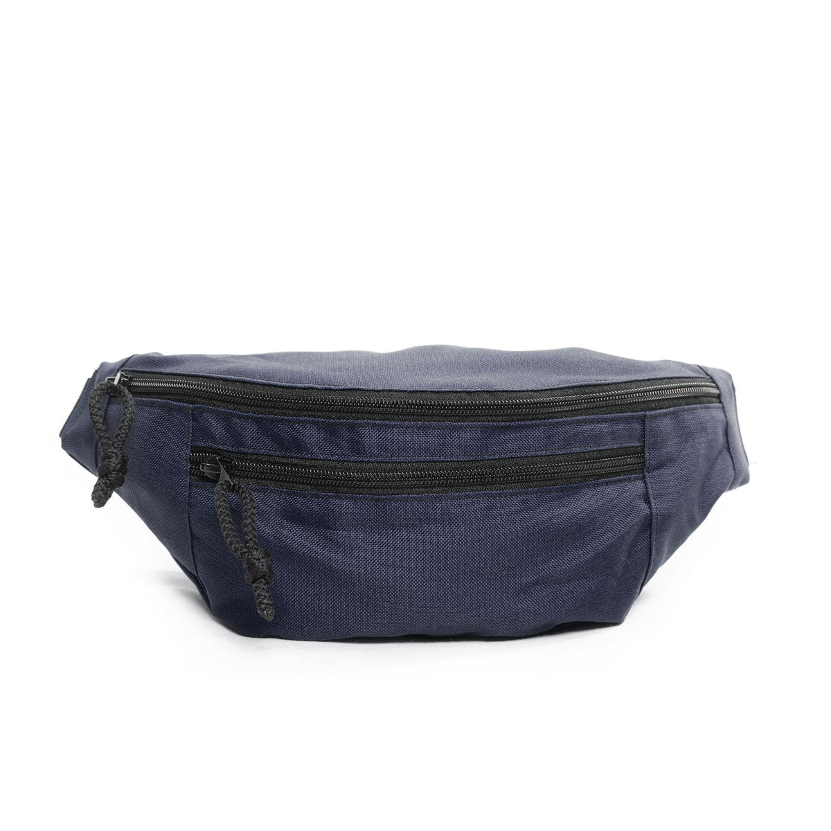 3. Front view of blue Drinbags waist bag highlighting two zippered compartments