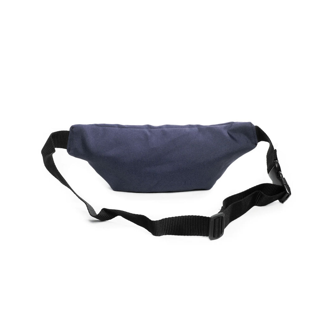4. Back view of blue Drinbags waist bag with adjustable strap in studio setting