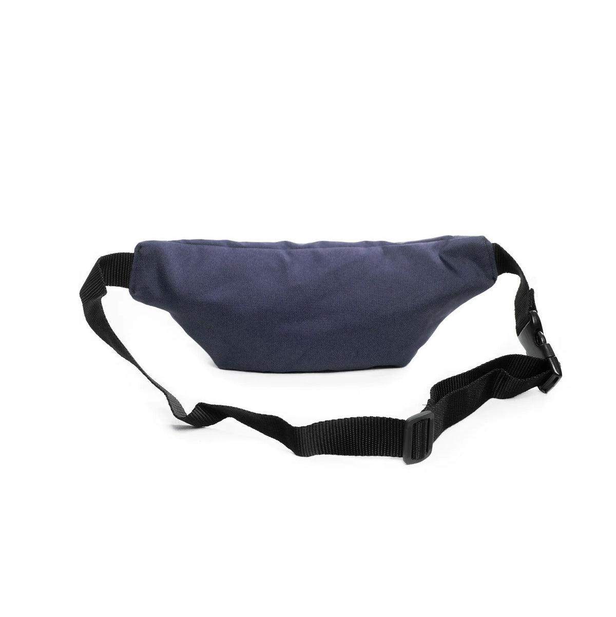 4. Back view of blue Drinbags waist bag with adjustable strap in studio setting