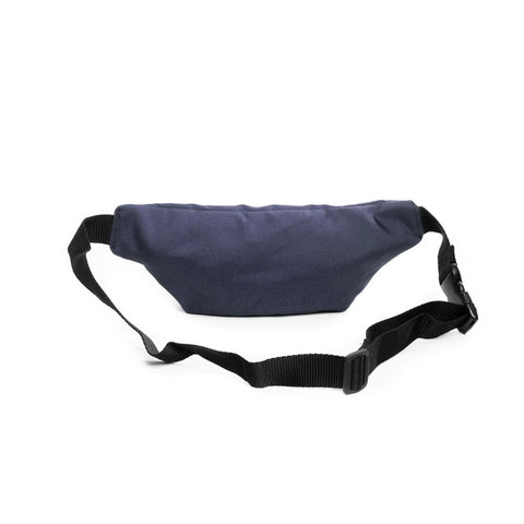 4. Back view of blue Drinbags waist bag with adjustable strap in studio setting
