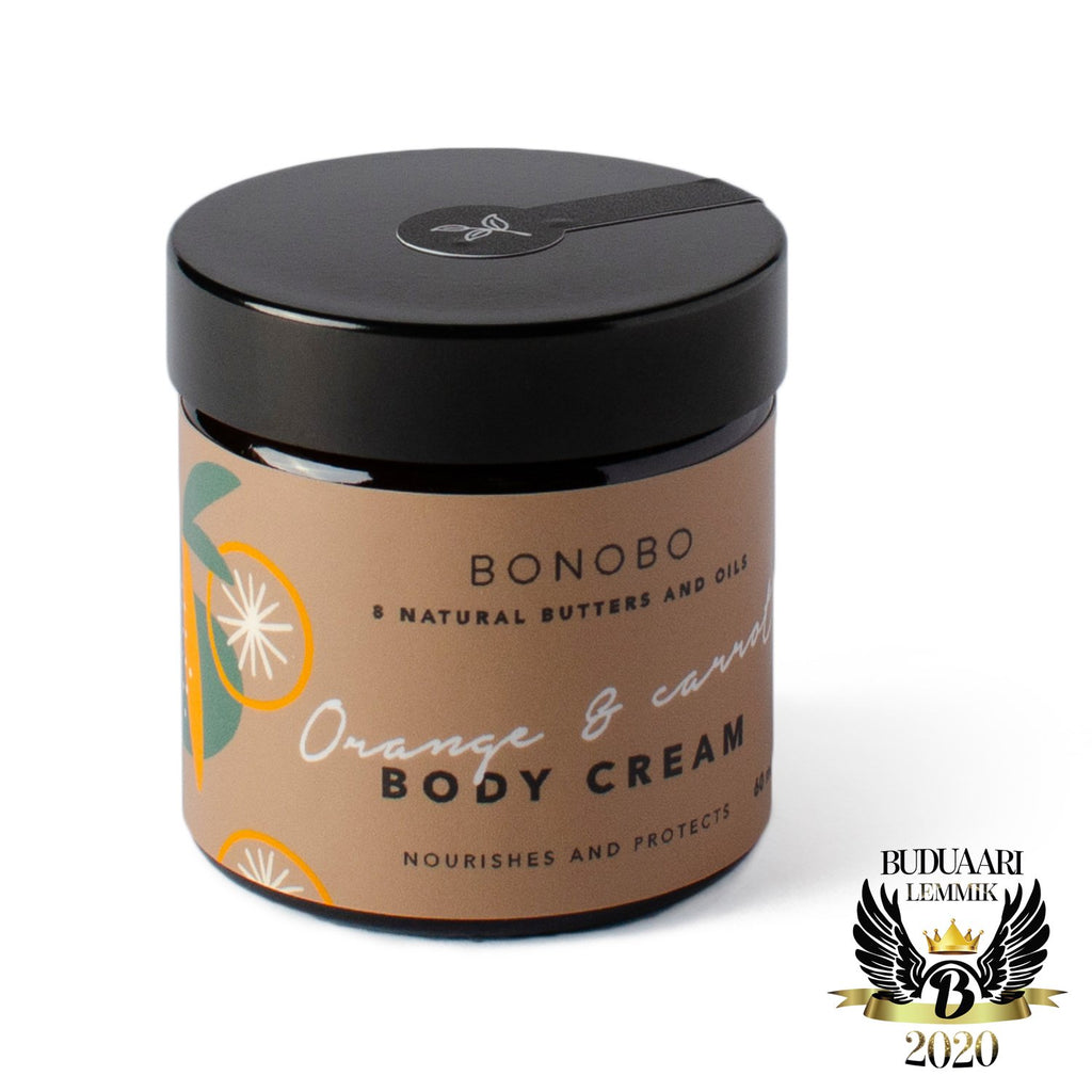 5. Studio shot of BONOBO Orange & Carrot Body Cream jar with award emblem, emphasizing nourishing and protective benefits