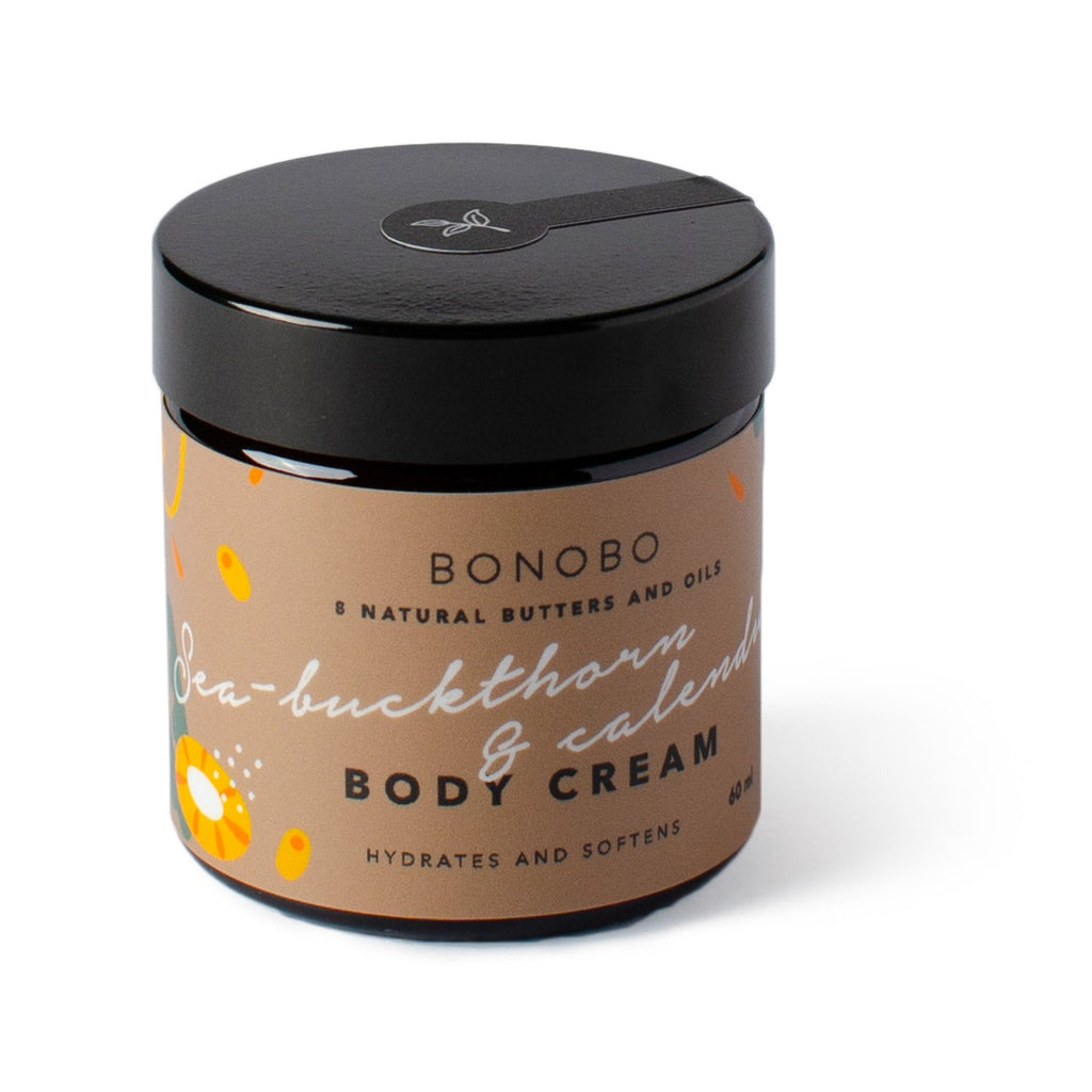 2. Studio shot of BONOBO Sea-Buckthorn and Calendula Body Cream jar, highlighting label and 60 ml size