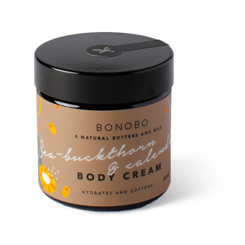 2. Studio shot of BONOBO Sea-Buckthorn and Calendula Body Cream jar, highlighting label and 60 ml size