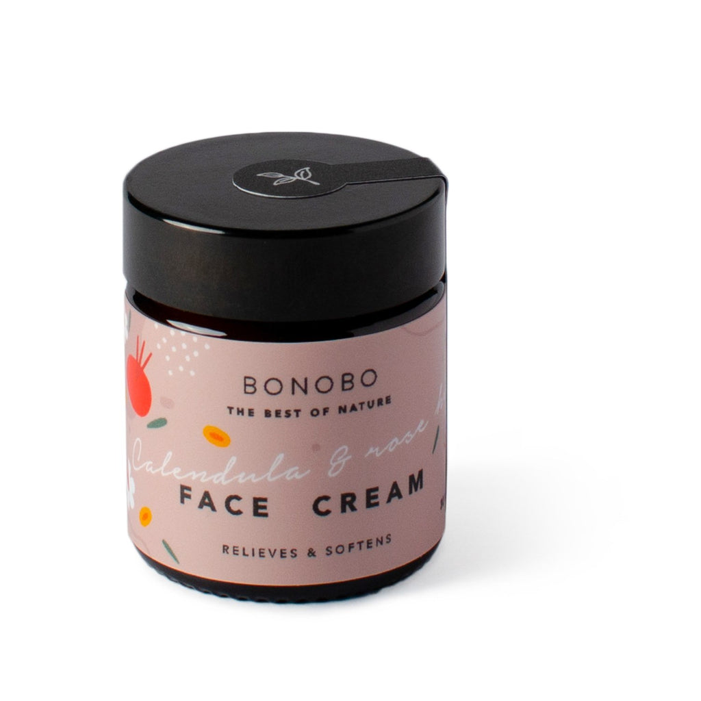 5. BONOBO Calendula & Rosehip Face Cream jar with detailed label, highlighting soothing and softening properties