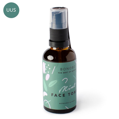 1. BONOBO Peppermint Face Tonic bottle with mint green label, shown in studio setting